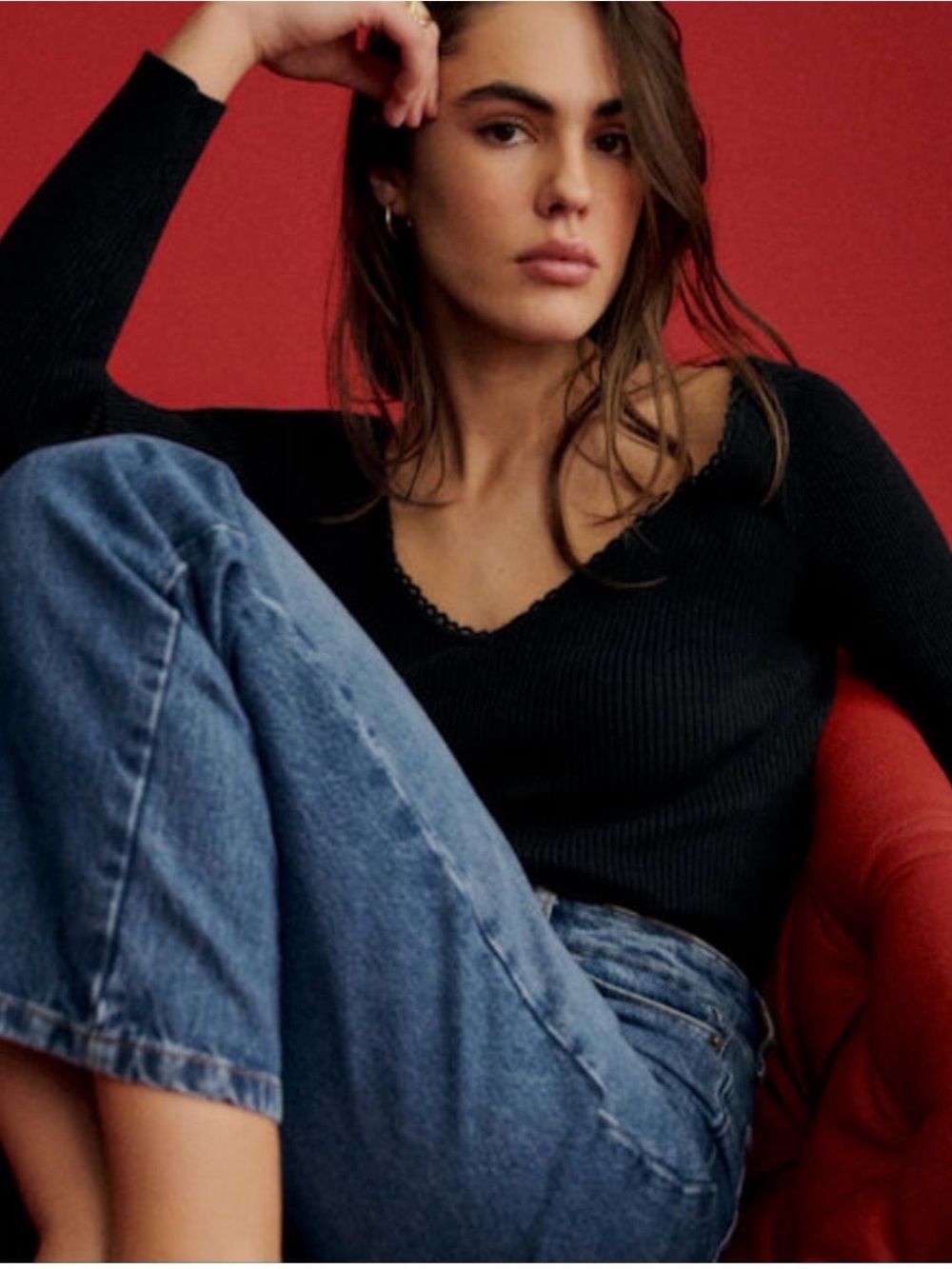 Sezane Alva Jumper Black Merino Wool Blend V-Neck Rib Knit Size S Worn Once